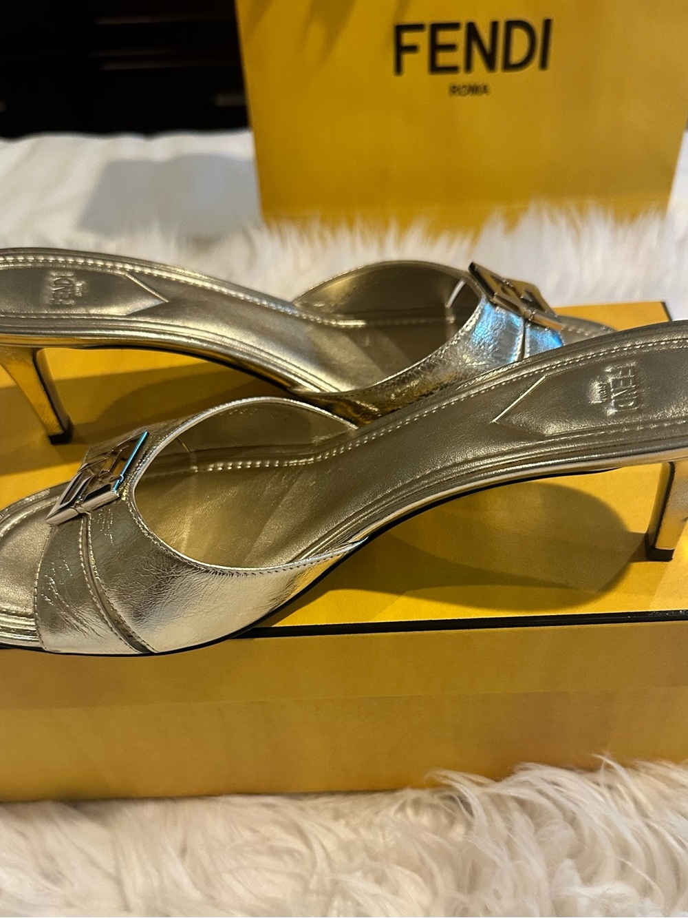 Fendi Ffold Gold Metallic Logo Slide Heels - Picture 5 of 10